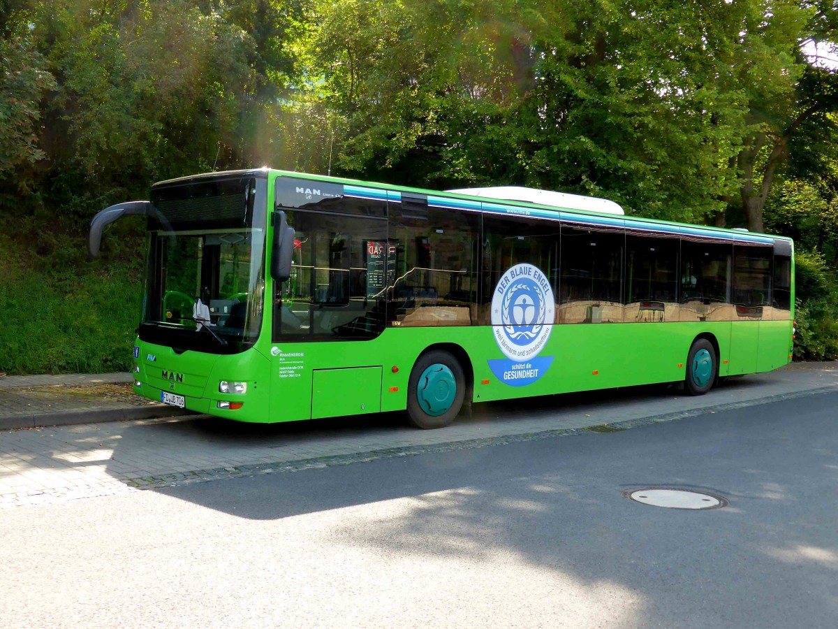 Lions City der Rhoen Energie, frher WAG Fulda, steht am Bahnhof in 36088 Hnfeld, August 2014