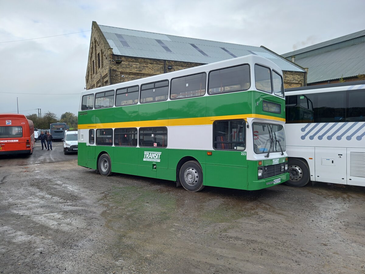 M223 SVN is a 1995 Volvo Olympian, carrying a Northern Counties H47/30F body.  Delivered new to Cleveland Transit as fleet number 223.  Now in preservation with  The 500 Group , it is seen here participating in a  Halloween  themed event, hosted by the Northern National Restoration Group, on Saturday 28th October 2023, held at their premises at Houghton le Spring, Tyne & Wear.