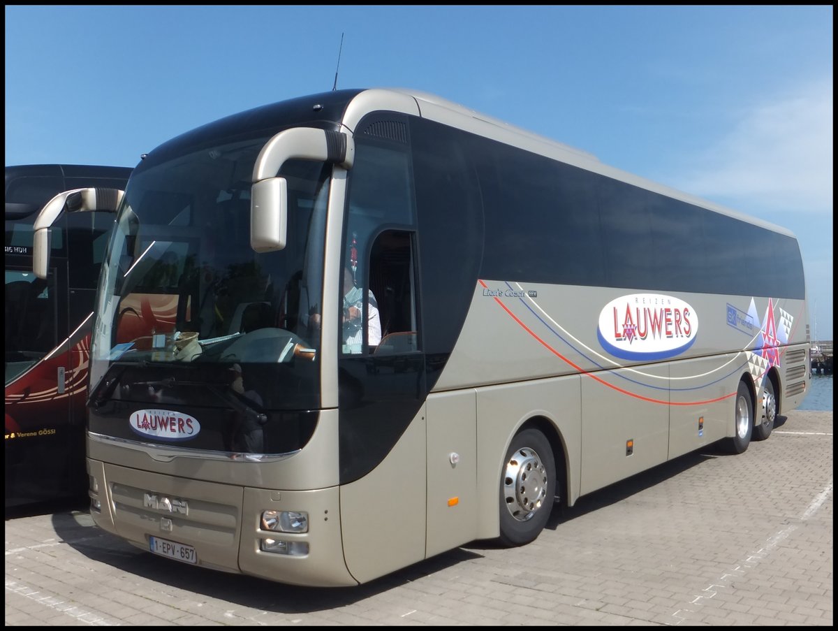 MAN Lion's Coach von Lauwers aus Belgien im Stadthafen Sassnitz.