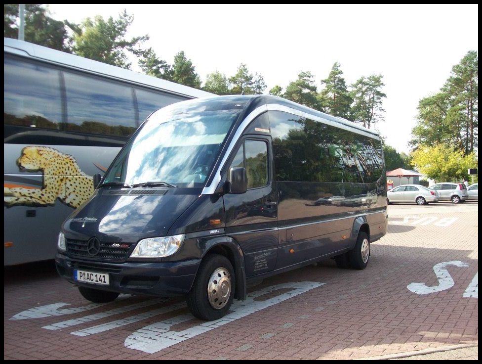 Mercedes Sprinter aus Deutschland auf einem Autobahnparkplatz.