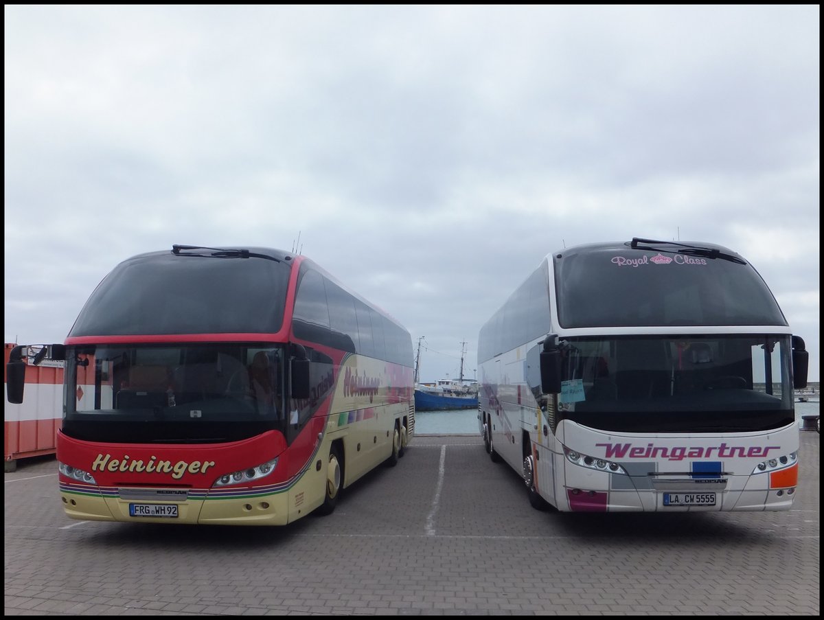 Neoplan Cityliner von Heininger aus Deutschland und Neoplan Cityliner von Weingartnerer aus Deutschland im Stadthafen Sassnitz.