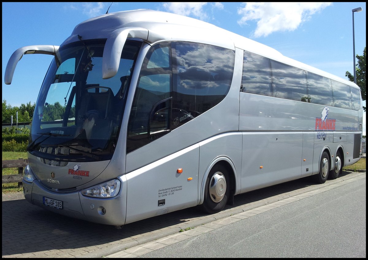 Scania Irizar von Franke-Reisen aus Deutschland im Gewerbegebiet Sassnitz.