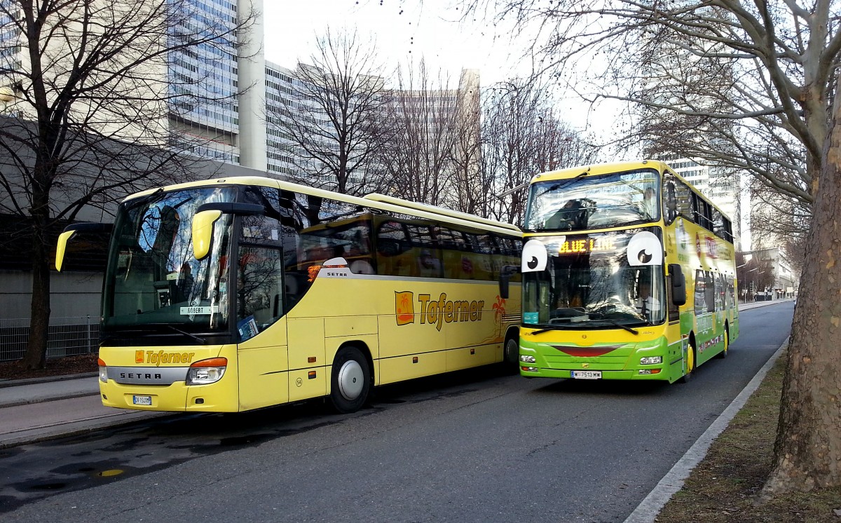 Setra 416 GT-HD von Taferner aus Italien am 31.1.2015 in Wien gesehen,rechts ein MAN von Wien Sightseeing.