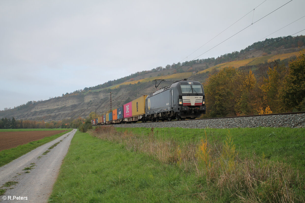 X4E 857 alias 193 857 zieht mit einem Containerzug bei Thüngersheim in Richtung Würzburg. 27.10.24