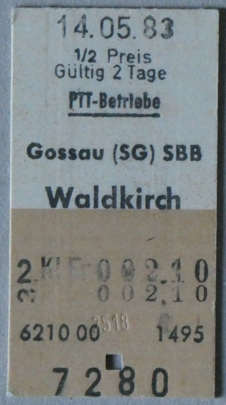 (259'610) - PTT-Einzelbillet vom 14. Mai 1983 am 25. Februar 2024 in Thun