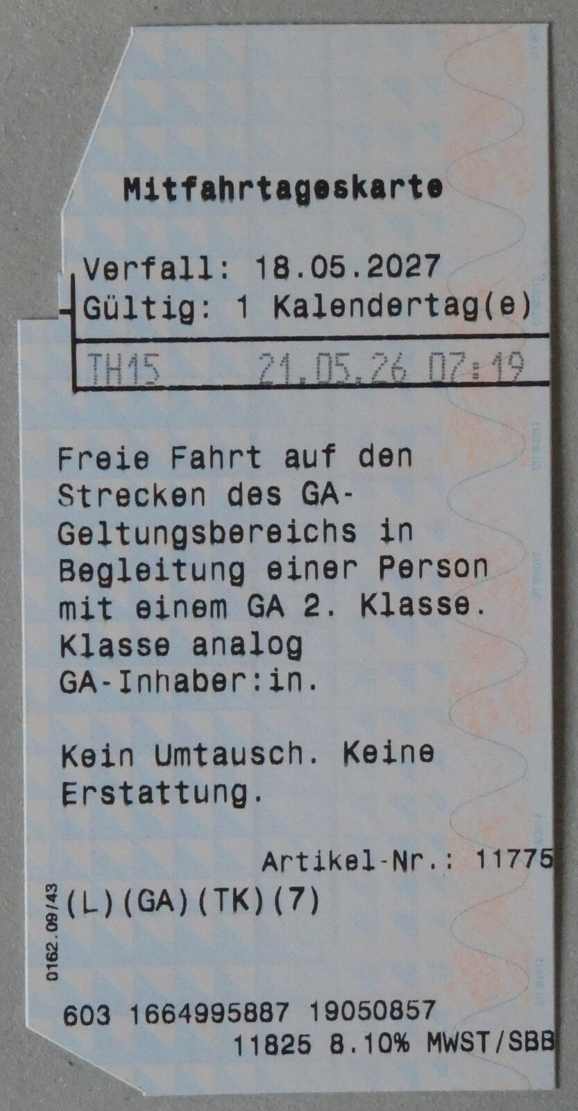 (290'874) - Mitfahrtageskarte vom 21. Mai 2026 am 13. September 2026 in Thun