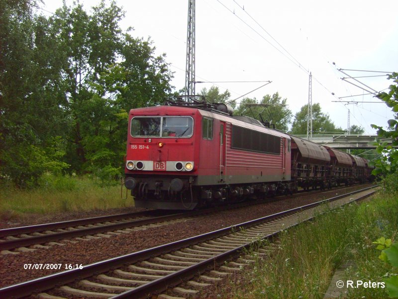 155 151-4 zieht ein getreidezug �ber den s�dlichen BAR bei Ahrensdorf. 07.07.07