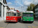 (240'845) - VB Biel - Nr. 21 - Berna/Hess Trolleybus + BVB Basel (RWB) - Nr. 75/BE 399'675 - FBW/FHS am 9. Oktober 2022 in Biel, Depot VB