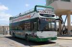 King Long Sightseeing Bus der grnen Linie im Fhrhafen Mgarr der Insel Gozo am  15.5.2014 in Malta.