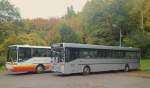 Ein Mercedes-Benz O 407 und O 408 von Busverkehr Imfeld, abgestellt auf einem Groparkplatz fr Park-and-Ride-Busse am 20.10.2013.