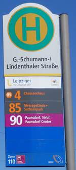 leipzig/855338/264428---leipziger-verkehrsbetriebe-haltestellenschild---g-schumann-lindenthaler (264'428) - Leipziger Verkehrsbetriebe-Haltestellenschild - G.-Schumann-/Lindenthaler Strasse - am 9. Juli 2024
