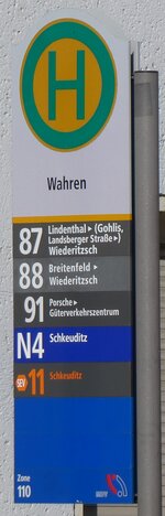 leipzig/855511/264519---leipziger-verkehrsbetriebe-haltestellenschild---leipzig (264'519) - Leipziger Verkehrsbetriebe-Haltestellenschild - Leipzig, Wahren - am 9. Juli 2024