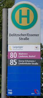 leipzig/855541/264538---leipziger-verkehrsbetriebe-haltestellenschild---leipzig (264'538) - Leipziger Verkehrsbetriebe-Haltestellenschild - Leipzig, Delitzscher/Essener Strasse - am 10. Juli 2024