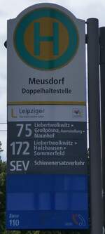 (264'707) - Leipziger Verkehrsbetrieb-Haltestellenschild - Leipzig, Meusdorf - am 11. Juli 2024