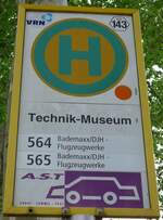 (150'128) - VRN-Haltestellenschild - Speyer, Technik-Museum - am 26. April 2014