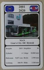 Thun/889293/277344---quartett-spielkarte-mit-man-lions (277'344) - Quartett-Spielkarte mit MAN Lion's City 18C Hybrid von 2019 am 29. Juni 2025 in Thun