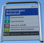 (167'417) - A-welle-Haltestellenschild - Killwangen, Bahnhof - am 19. November 2015