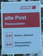 aags/797903/243599---auto-ag-schwyz-haltestellenschild-- (243'599) - AUTO AG SCHWYZ-Haltestellenschild - Riemenstalden, alte Post - am 8. Dezember 2022