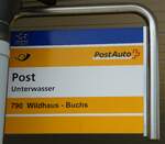 (239'243) - PostAuto-Haltestellenschild - Unterwasser, Post - am 20. August 2022