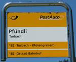 (252'619) - PostAuto-Haltestellenschild - Turbach, Pfndli - am 11. Juli 2023