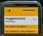 (253'910) - PostAuto-Haltestellenschild - Unteriberg, Guggelstrasse - am 19. August 2023