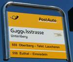 (253'913) - PostAuto-Haltestellenschild - Unteriberg, Guggelstrasse - am 19. August 2023