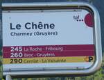 postauto/893237/278584---tpfp-haltestellenschild---charmey-gruyre (278'584) - tpf/+P-Haltestellenschild - Charmey (Gruy�re), Le Ch�ne - am 7. August 2025