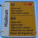 (170'104) - BLT-Haltestellenschild - Oberwil, Hslimatt - am 16. April 2016