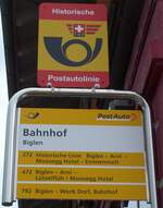 (180'907) - THP/PostAuto-Haltestellenschilder - Biglen, Bahnhof - am 4. Juni 2017