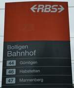 (251'857) - RBS-Haltestellenschild - Bolligen, Bahnhof - am 22. Juni 2023