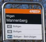 (260'043) - RBS-Haltestellenschild - Ittigen, Mannenberg - am 3. Mrz 2024