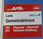 (200'202) - AFA-Haltestellenschild - Lenk, Gemeindehaus - am 25. Dezember 2018