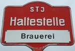 (130'297) - STI-Haltestellenschild - Steffisburg, Brauerei - am 10.