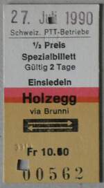 (260'639) - PTT-Einzelbillet vom 27. Juli 1990 am 24. Mrz 2024 in Thun