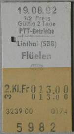 (261'571) - PTT-Einzelbillet vom 19. August 1992 am 20. April 2024 in Thun