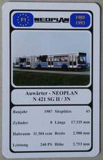 (280'033) - Quartett-Spielkarte mit Auwrter - NEOPLAN N 421 SG II / 3N von 1987 am 7.