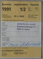 (282'691) - PTT-Ausweis f�r das Jahr 1991 am 2. Dezember 2025 in Thun