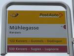 (189'827) - PostAuto/tpf-Haltestellenschild - Kerzers, Mhlegasse - am 1. April 2018