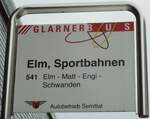 (142'584) - GLARNER BUS/Autobetrieb Sernftal-Haltestellenschild - Elm, Sportbahnen - am 23. Dezember 2012