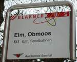 (142'597) - GLARNER BUS/Autobetrieb Sernftal-Haltestellenschild - Elm, Obmoos - am 23. Dezember 2012