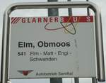 (142'598) - GLARNER BUS/Autobetrieb Sernftal-Haltestellenschild - Elm, Obmoos - am 23.