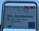 (166'137) - GLARNER BUS/Autobetrieb Sernftal-Haltestellenschild - Elm, Sportbahnen - am 10. Oktober 2015