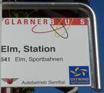 (166'149) - GLARNER BUS/Autobetrieb Sernftal-Haltestellenschild - Elm, Station - am 10. Oktober 2015
