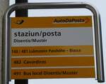 (280'082) - PostAuto-Haltestellenschild - Disentis/Mustr, staziun/posta - am 8. September 2025