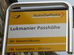 (174'839) - PostAuto-Haltestellenschild - Lukmaier, Passhhe - am 10. September 2016