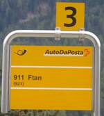 (170'923) - PostAuto-Haltestellenschild - Scuol-Tarasp, Bahnhof - am 16.