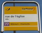 (157'481) - PostAuto-Haltestellenschild - Alle, rue de l'glise - am 23.
