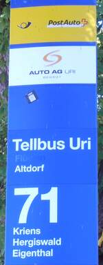 (290'162) - PostAuto/AUTO AG URI-Haltestellenschild - Luzern, Bahnhof - am 8.
