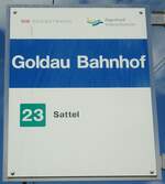 (139'455) - SOB/Zugerland Verkehrsbetriebe-Haltestellenschild - Goldau, Bahnhof - am 11. Juni 2012