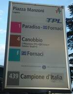 (147'753) - TPL/SOCIET NAVIGAZIONE DEL LOGO DI LUGANO-Haltestellenschild - Lugano, Piazza Manzoni - am 5. November 2013